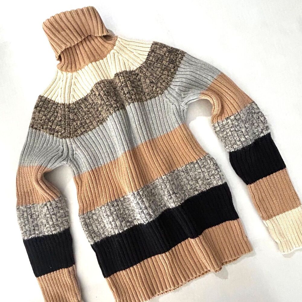 Y2K Calvin Klein Neutral Beige Striped Ribbed Knit Turtleneck Sweater S Cozycore
